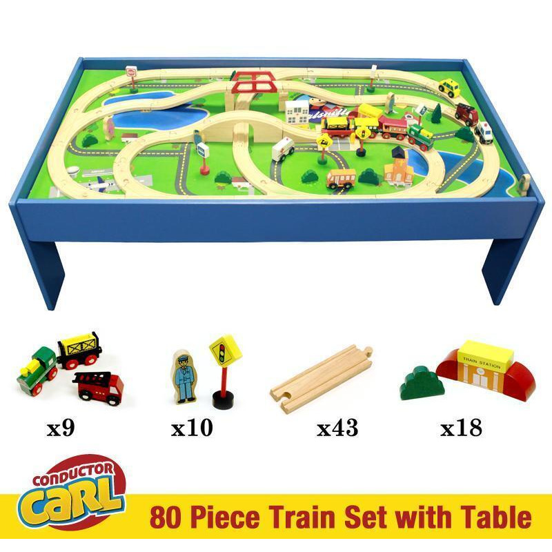 wooden train set and table