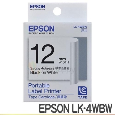 EPSON LK-4WBW 高黏性白底黑字 標籤帶 (寬度12mm) 