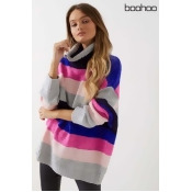 Womens Boohoo Oversized Roll Neck Coloured Stripe Jumper - Blue Womens Boohoo Oversized Roll Neck Coloured Stripe Jumper - Blue
