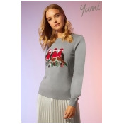 Womens Yumi Sequin And Embroidered Robin Christmas Jumper - Grey Womens Yumi Sequin And Embroidered Robin Christmas Jumper - Grey
