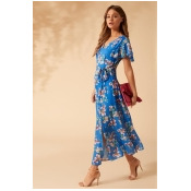 Womens Yumi Spring Flower Print Side Slit Maxi Dress - Blue Womens Yumi Spring Flower Print Side Slit Maxi Dress - Blue