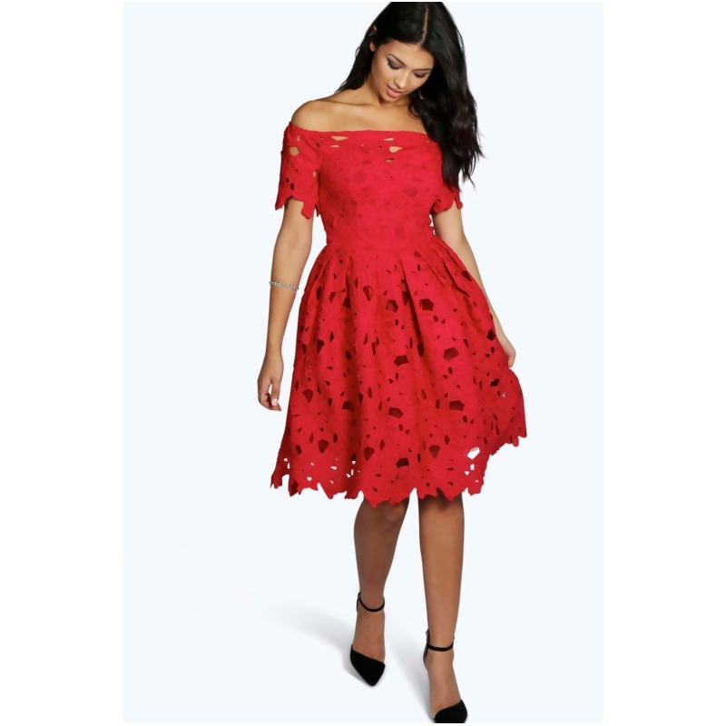 red skater dress off shoulder