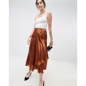 ASOS DESIGN satin midi skirt with self buttons - Brown ASOS DESIGN satin midi skirt with self buttons - Brown