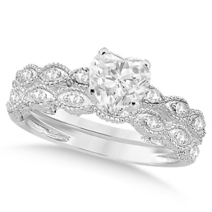 Heart-cut Antique Style Diamond Bridal Set in 14k White Gold 0.83ct - All