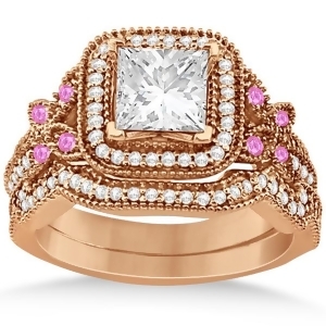 Pink Sapphire Accent Butterfly Halo Bridal Set 14k Rose Gold 0.51ct - All