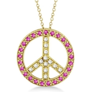 Diamond and Pink Sapphire Peace Pendant Necklace 14k Yellow Gold 0.92ct - All