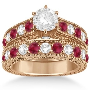 Antique Diamond and Ruby Bridal Wedding Ring Set 18k Rose Gold 2.75ct - All
