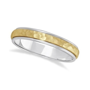 Satin Hammered Finished Carved Wedding Ring Band 14k Two-Tone Gold 4mm - All