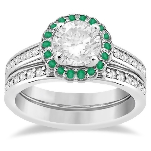 Floral Halo Diamond and Emerald Bridal Ring Set 14k White Gold 0.83ct - All