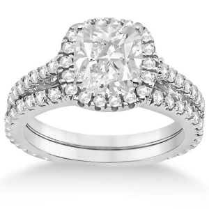 Halo Cushion Diamond Engagement Ring Bridal Set 14k White Gold 1.07ct - All