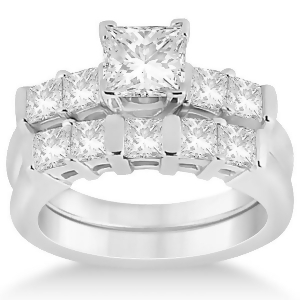 Five Stone Princess Cut Diamond Bridal Set 14K White Gold 0.90ct - All