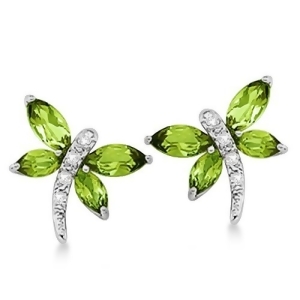 Diamond and Peridot Dragonfly Earrings 14k White Gold 2.44ct - All
