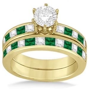 Channel Emerald and Diamond Bridal Set 18k Yellow Gold 1.10ct - All