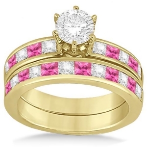 Channel Pink Sapphire and Diamond Bridal Set 14k Yellow Gold 1.30ct - All