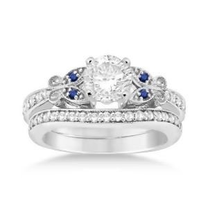 Butterfly Diamond and Blue Sapphire Bridal Set 14k White Gold 0.42ct - All