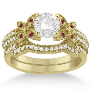 Butterfly Diamond and Ruby Bridal Set 18k Yellow Gold 0.39ct - All