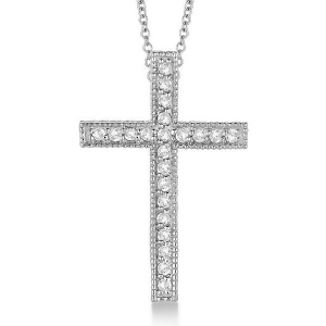 Diamond Cross Pendant Necklace Milgrain Edged 14k White Gold 0.33ct - All