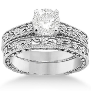 Carved Floral Wedding Set Engagement Ring and Band 18K White Gold - All