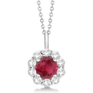 Halo Diamond and Ruby Pendant Necklace 14K White Gold 1.69ct - All