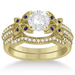 Butterfly Diamond and Blue Sapphire Bridal Set 14K Yellow Gold 0.39ct - All
