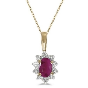 Oval Ruby and Diamond Flower Shaped Pendant Necklace 14k Yellow Gold - All