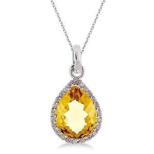 Pear Shaped Citrine and Diamond Pendant Necklace 14k White Gold - All