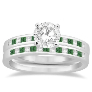 Princess Cut Diamond and Emerald Bridal Ring Set Palladium 0.54ct - All