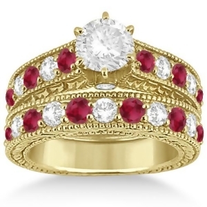 Antique Diamond and Ruby Bridal Ring Set in 18k Yellow Gold 2.75ct - All