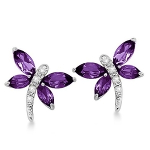 Diamond and Amethyst Dragonfly Earrings 14k White Gold 1.64ct - All