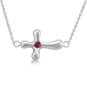 Rounded Sideways Ruby Cross Pendant Necklace 14k White Gold .07ct - All