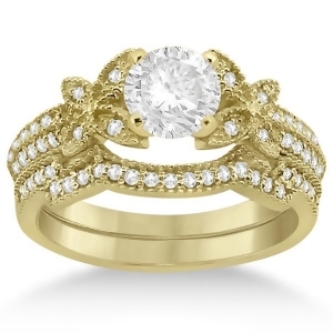 Butterfly Milgrain Diamond Ring and Wedding Band 18k Yellow Gold 0.40ct - All