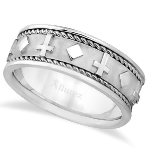 Handmade Wedding Band With Crosses in 18k White Gold 8.5mm - All