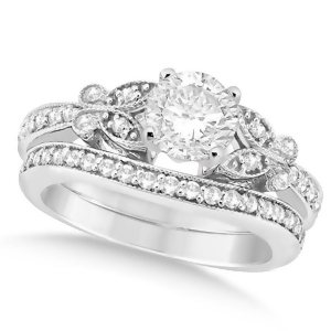 Round Diamond Butterfly Design Bridal Ring Set 14k White Gold 0.96ct - All