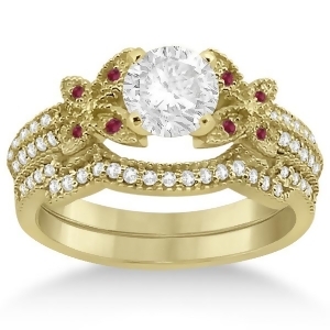 Butterfly Diamond and Ruby Bridal Set 14K Yellow Gold 0.39ct - All