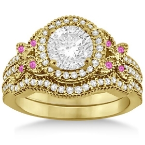 Butterfly Diamond and Pink Sapphire Engagement Set 14k Yellow Gold 0.50ct - All