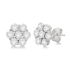 Flower Shaped Diamond Cluster Stud Earrings 14K White Gold 1.01ct - All