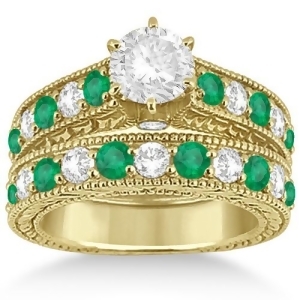 Antique Diamond and Emerald Bridal Ring Set 18k Yellow Gold 2.51ct - All