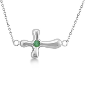 Rounded Sideways Emerald Cross Pendant Necklace 14k White Gold .06ct - All