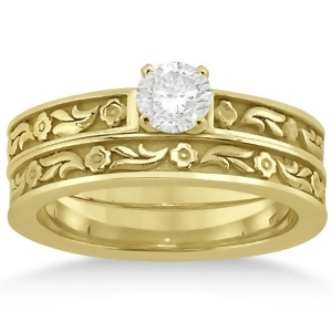 Carved Eternity Flower Design Solitaire Bridal Set in 14k Yellow Gold - All