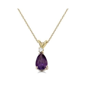 Pear Amethyst and Diamond Solitaire Pendant Necklace 14k Yellow Gold - All