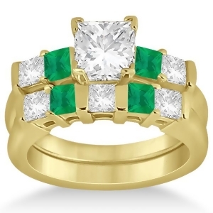 5 Stone Diamond and Green Emerald Bridal Ring Set 18k Yellow Gold 1.02ct - All