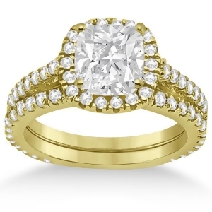 Halo Cushion Diamond Engagement Ring Bridal Set 14k Yellow Gold 1.07ct - All