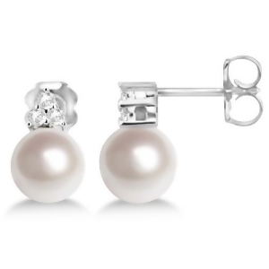Freshwater Cultured Pearl and Diamond Stud Earrings 14K W. Gold 7-7.5mm - All