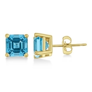 Asscher Cut Blue Topaz Basket Stud Earrings 14k Yellow Gold 2.70ct - All
