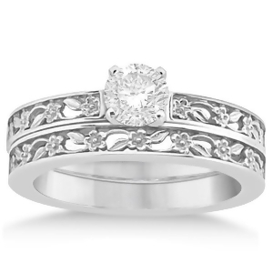 Flower Carved Solitaire Engagement Ring and Wedding Band 18kt White Gold - All