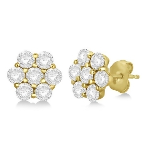 Flower Shaped Diamond Cluster Stud Earrings 14K Yellow Gold 2.80ct - All
