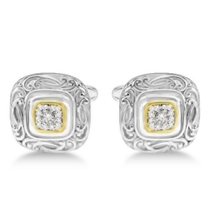 Vintage Engraved Diamond Cuff Links 14k Gold and Sterling Silver 0.25ct - All
