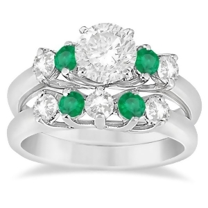 Five Stone Diamond and Emerald Bridal Ring Set 18k White Gold 0.98ct - All