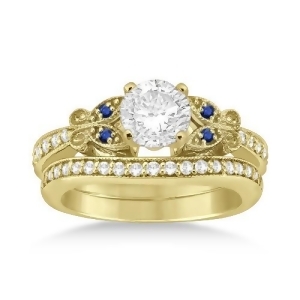 Butterfly Diamond and Blue Sapphire Bridal Set 14k Yellow Gold 0.42ct - All