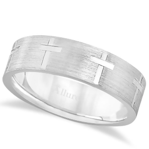 Carved Wedding Band With Crosses in 14k White Gold 7mm - All